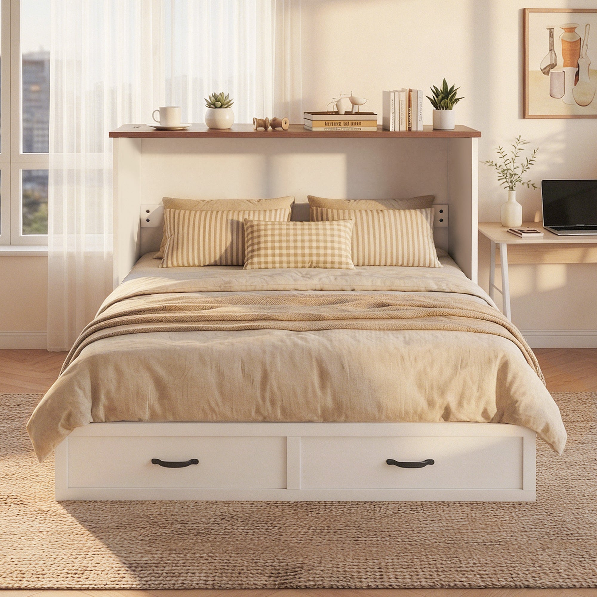 HISOFT Queen Murphy Bed Frame with Charging Station, Freestanding Cabinet Murphy Bed with Fold-Down Panel & Reinforced Support, Space-Saving Design for Renters and Small Living Spaces