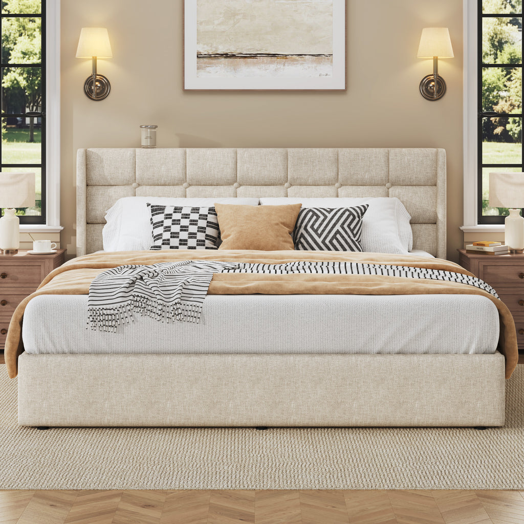 HISOFT Lift Up Storage Bed Frame, Linen Upholstered Platform Bed with Wingback Headboard, Heavy Duty Hydraulic Gas Lift Underbed Space, Reinforced Full Metal Slats, Noise Free