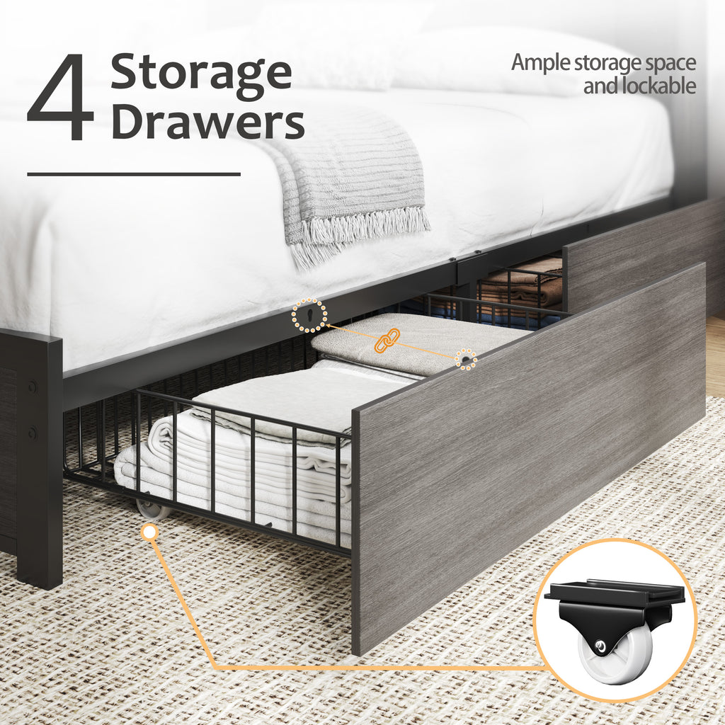 HISOFT Queen Bed Frame with Storage Headboard, Wood Bed with High Storage Bookcase, 4 Drawers & LED & Charging Station,No Box Spring Needed/Noise Free/All-Metal Support, Rustic Grey