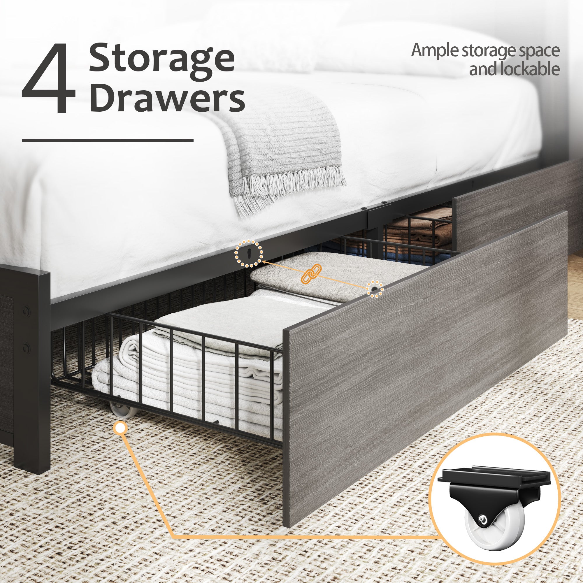 HISOFT Queen Bed Frame with Storage Headboard, Wood Bed with High Storage Bookcase, 4 Drawers & LED & Charging Station,No Box Spring Needed/Noise Free/All-Metal Support, Rustic Grey