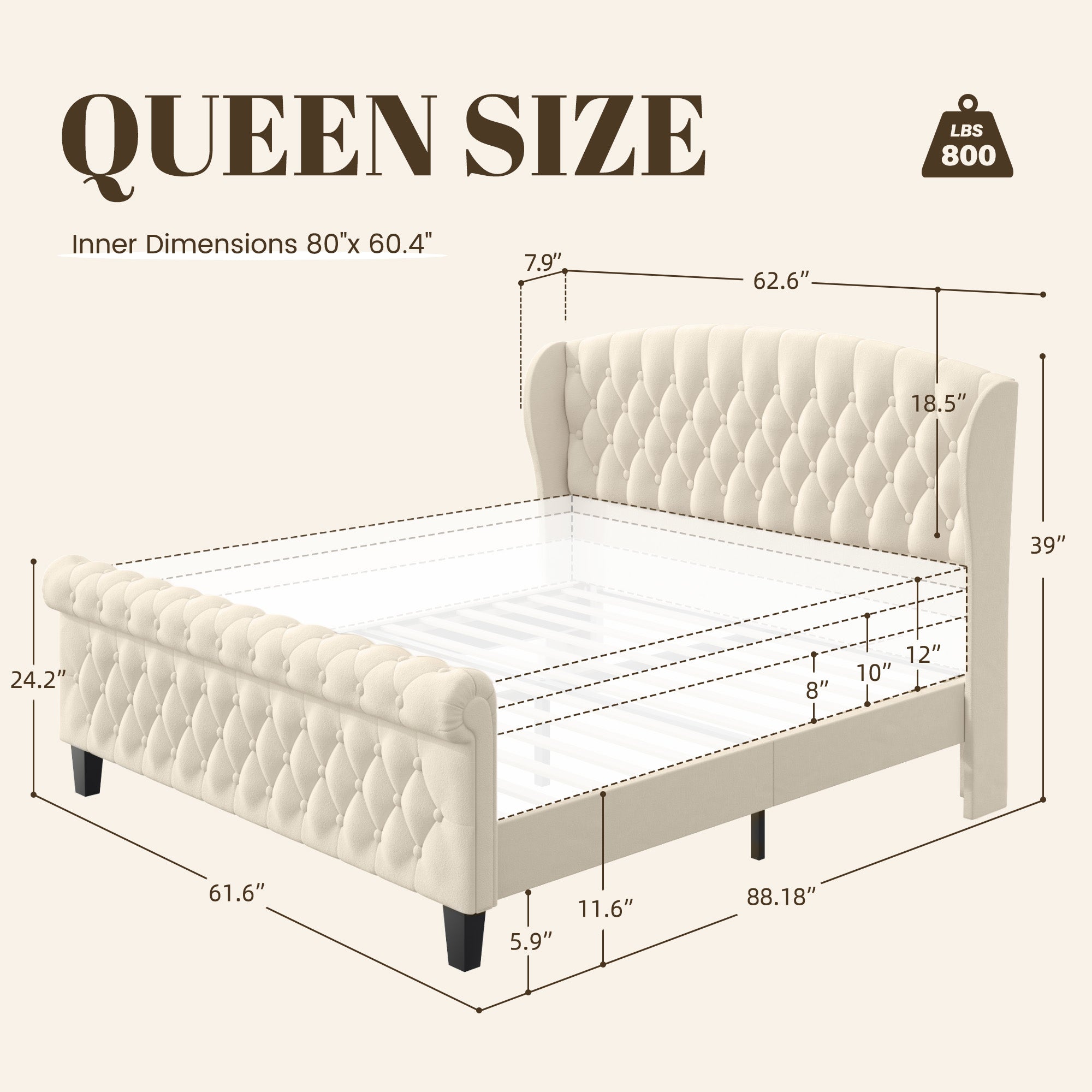 HISOFT Queen Size Platform Bed Frame, Velvet Upholstered Sleigh Bed with Wingback Tufted Headboard and Footboard, Quiet & Stable Support, No Box Spring Needed, Noise-Free Design, Easy Assembly, Beige