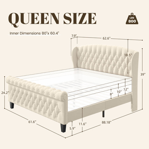 HISOFT Queen Size Platform Bed Frame, Velvet Upholstered Sleigh Bed with Wingback Tufted Headboard and Footboard, Quiet & Stable Support, No Box Spring Needed, Noise-Free Design, Easy Assembly, Beige
