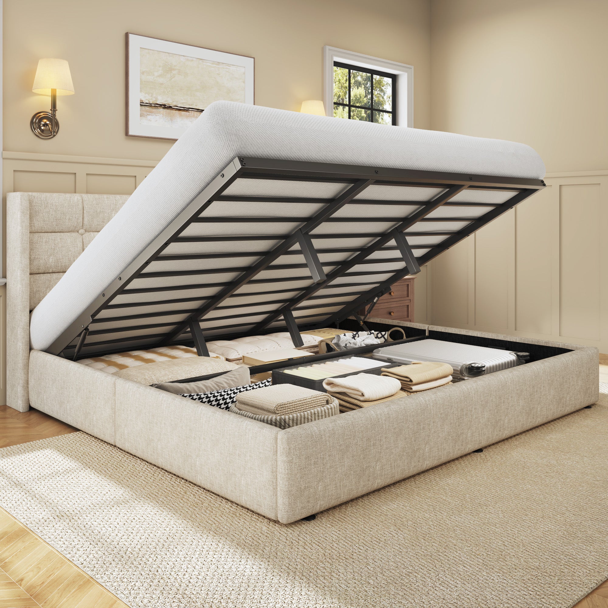 HISOFT Lift Up Storage Bed Frame, Linen Upholstered Platform Bed with Wingback Headboard, Heavy Duty Hydraulic Gas Lift Underbed Space, Reinforced Full Metal Slats, Noise Free