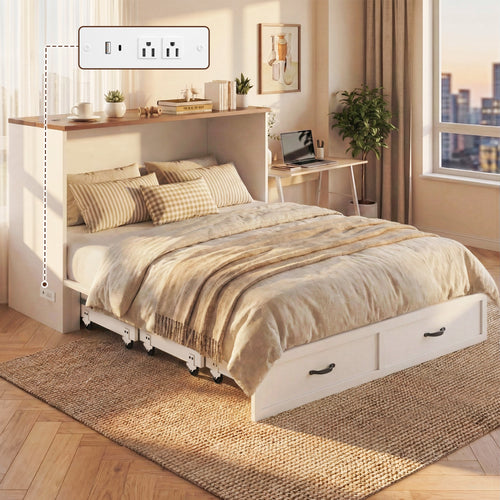 HISOFT Queen Murphy Bed Frame with Charging Station, Freestanding Cabinet Murphy Bed with Fold-Down Panel & Reinforced Support, Space-Saving Design for Renters and Small Living Spaces