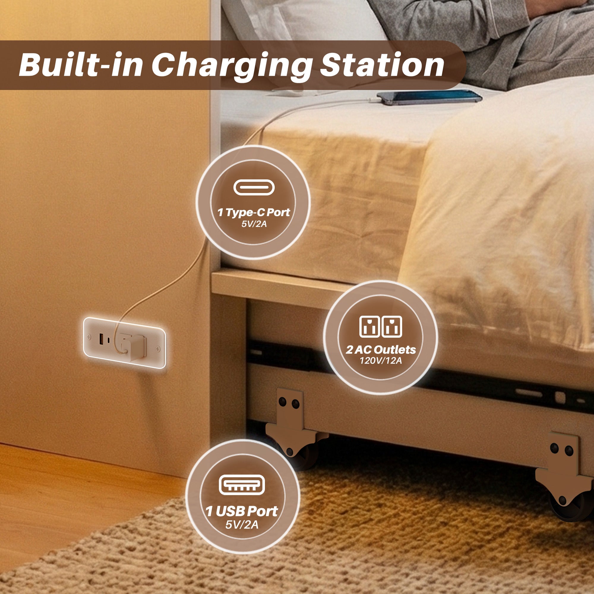 HISOFT Queen Murphy Bed Frame with Charging Station, Freestanding Cabinet Murphy Bed with Fold-Down Panel & Reinforced Support, Space-Saving Design for Renters and Small Living Spaces