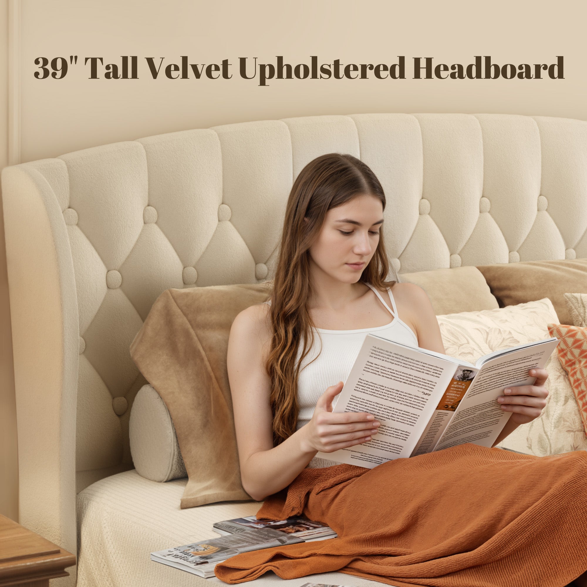 HISOFT Queen Size Platform Bed Frame, Velvet Upholstered Sleigh Bed with Wingback Tufted Headboard and Footboard, Quiet & Stable Support, No Box Spring Needed, Noise-Free Design, Easy Assembly, Beige