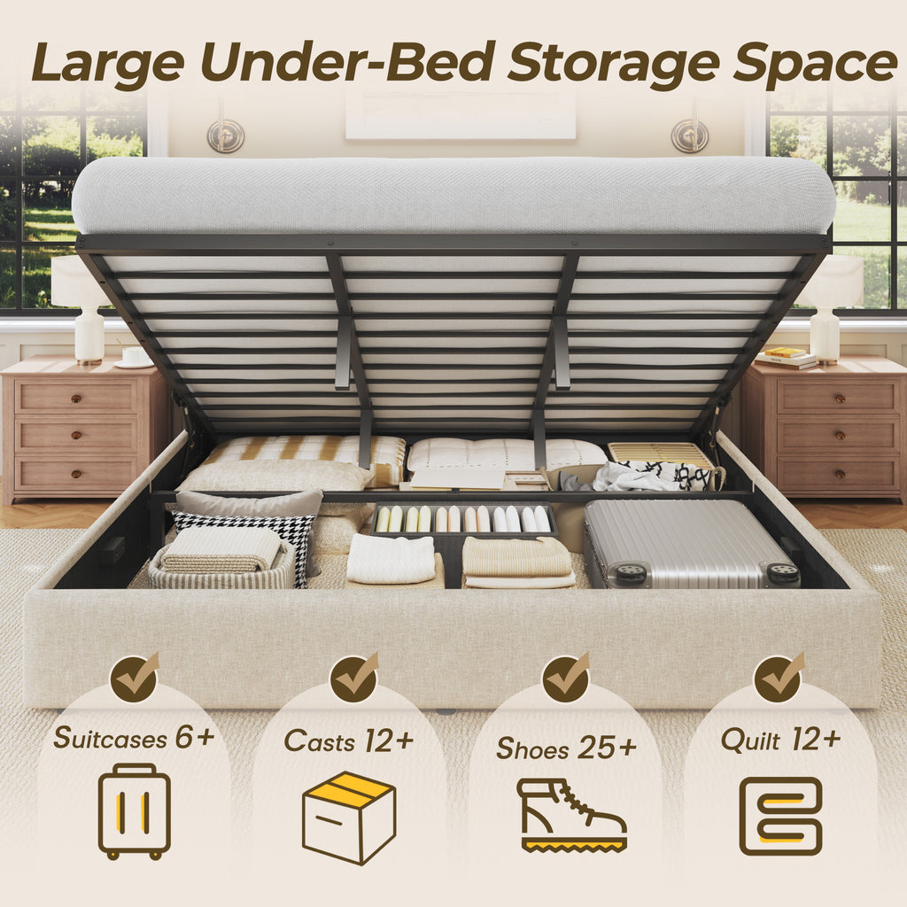 HISOFT Lift Up Storage Bed Frame, Linen Upholstered Platform Bed with Wingback Headboard, Heavy Duty Hydraulic Gas Lift Underbed Space, Reinforced Full Metal Slats, Noise Free