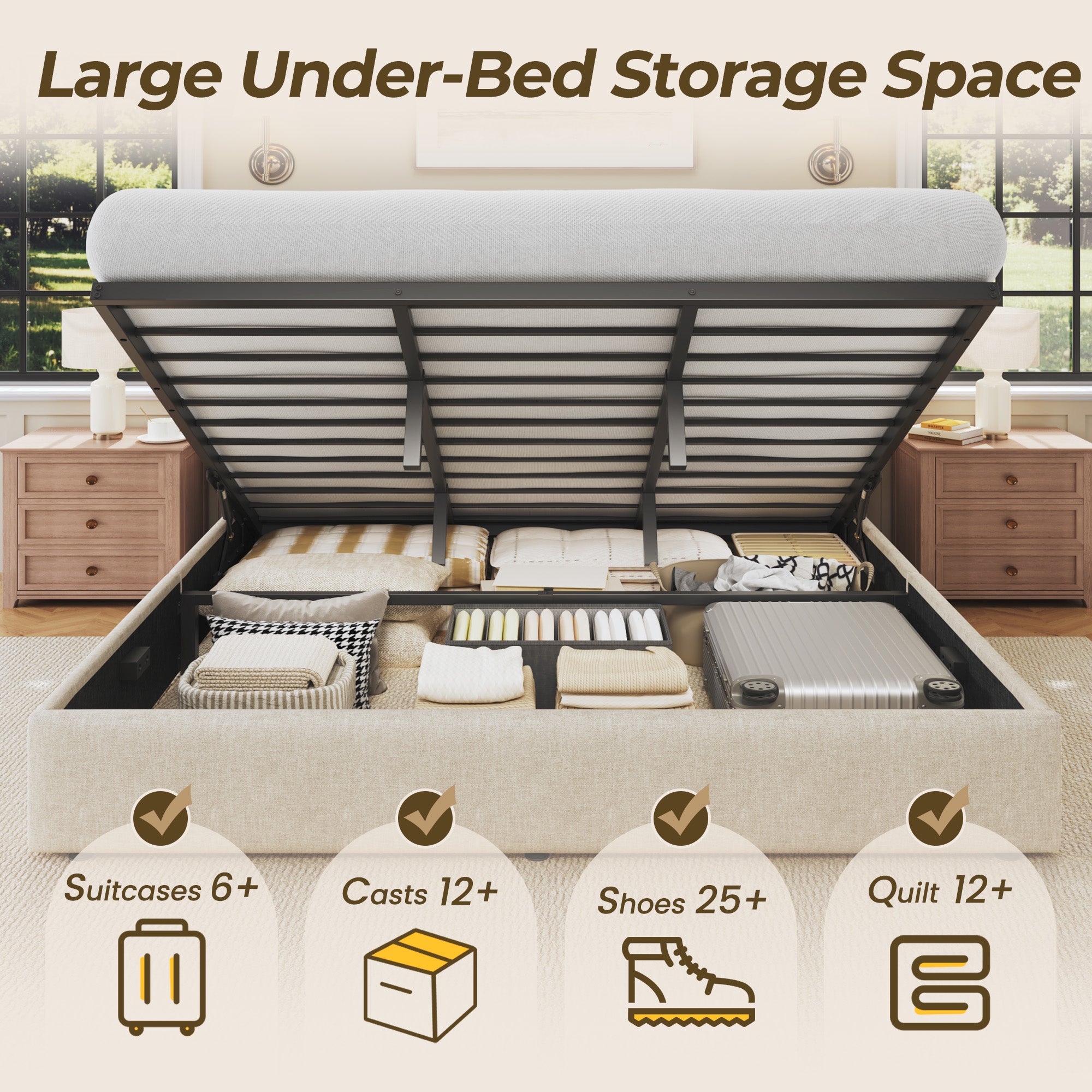 HISOFT Lift Up Storage Bed Frame, Linen Upholstered Platform Bed with Wingback Headboard, Heavy Duty Hydraulic Gas Lift Underbed Space, Reinforced Full Metal Slats, Noise Free