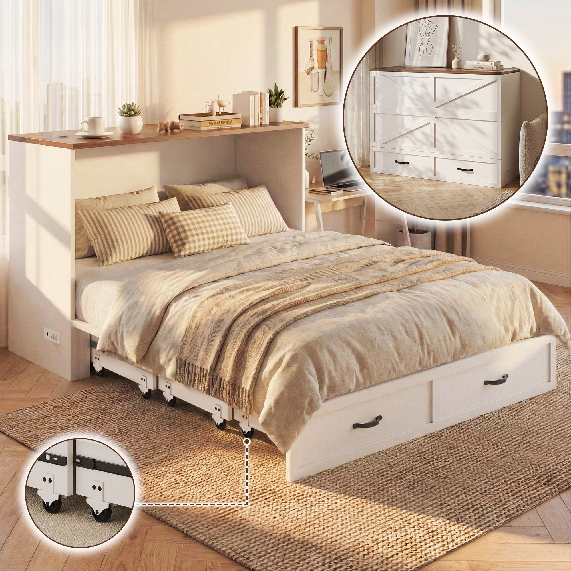 HISOFT Queen Murphy Bed Frame with Charging Station, Freestanding Cabinet Murphy Bed with Fold-Down Panel & Reinforced Support, Space-Saving Design for Renters and Small Living Spaces