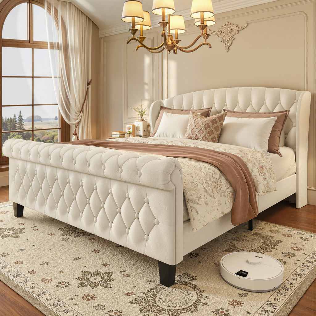 HISOFT Queen Size Platform Bed Frame, Velvet Upholstered Sleigh Bed with Wingback Tufted Headboard and Footboard, Quiet & Stable Support, No Box Spring Needed, Noise-Free Design, Easy Assembly, Beige