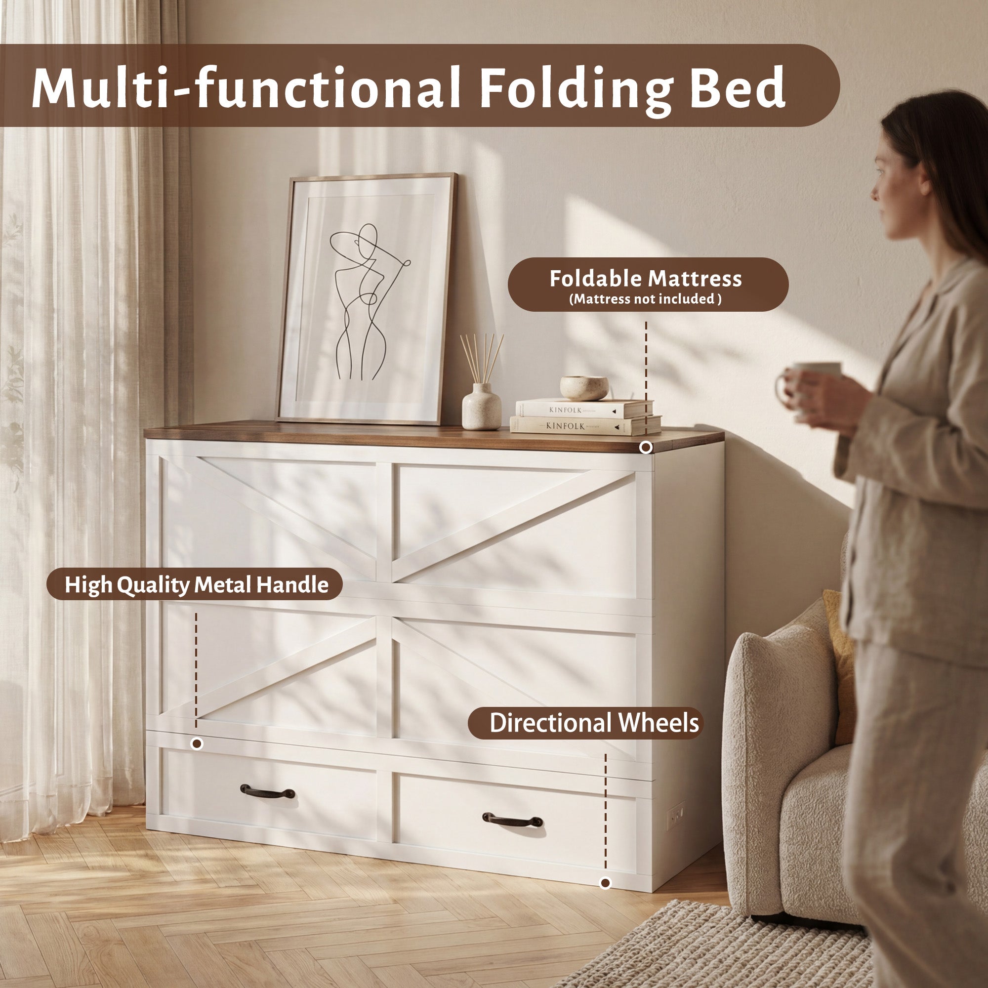 HISOFT Queen Murphy Bed Frame with Charging Station, Freestanding Cabinet Murphy Bed with Fold-Down Panel & Reinforced Support, Space-Saving Design for Renters and Small Living Spaces