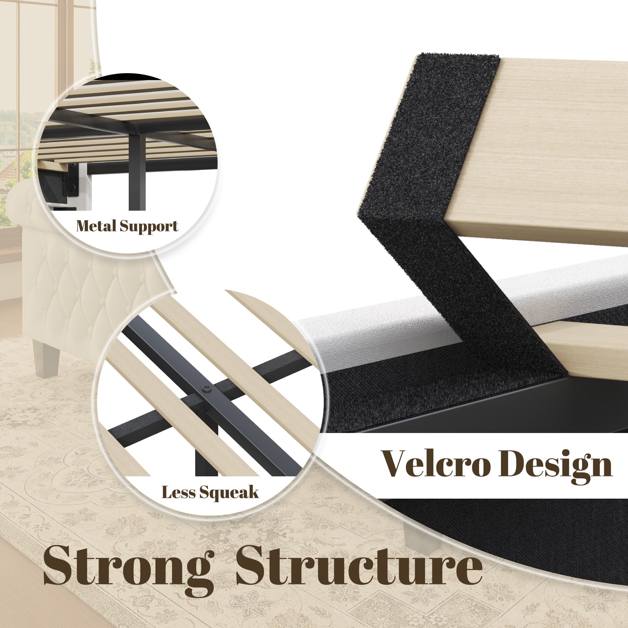 HISOFT Queen Size Platform Bed Frame, Velvet Upholstered Sleigh Bed with Wingback Tufted Headboard and Footboard, Quiet & Stable Support, No Box Spring Needed, Noise-Free Design, Easy Assembly, Beige