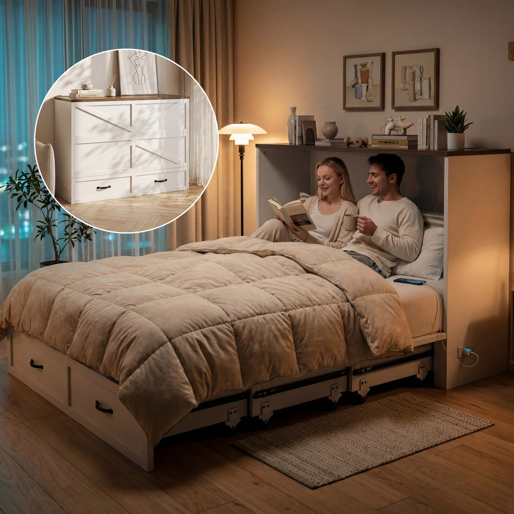 HISOFT Queen Murphy Bed Frame with Charging Station, Freestanding Cabinet Murphy Bed with Fold-Down Panel & Reinforced Support, Space-Saving Design for Renters and Small Living Spaces