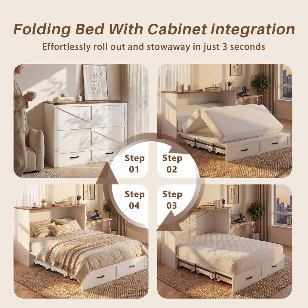 HISOFT Queen Murphy Bed Frame with Charging Station, Freestanding Cabinet Murphy Bed with Fold-Down Panel & Reinforced Support, Space-Saving Design for Renters and Small Living Spaces
