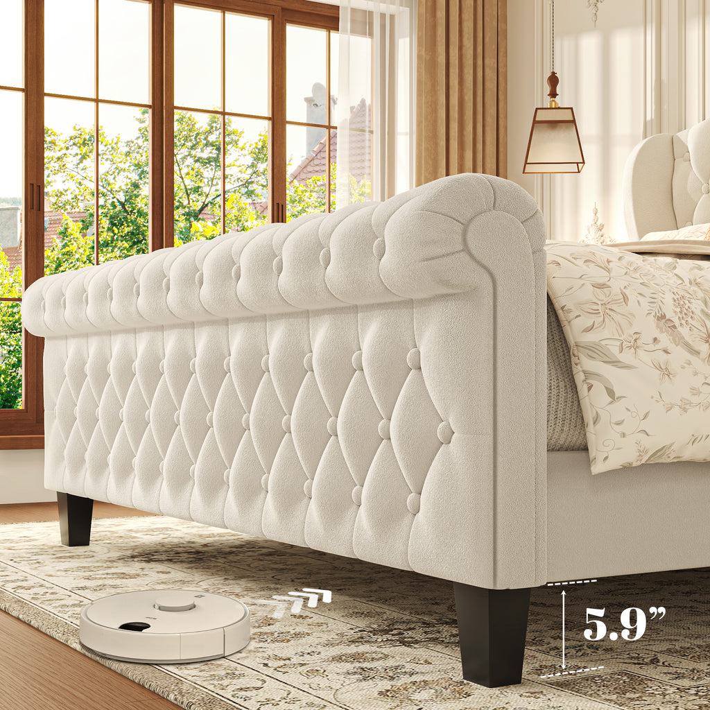 HISOFT Queen Size Platform Bed Frame, Velvet Upholstered Sleigh Bed with Wingback Tufted Headboard and Footboard, Quiet & Stable Support, No Box Spring Needed, Noise-Free Design, Easy Assembly, Beige