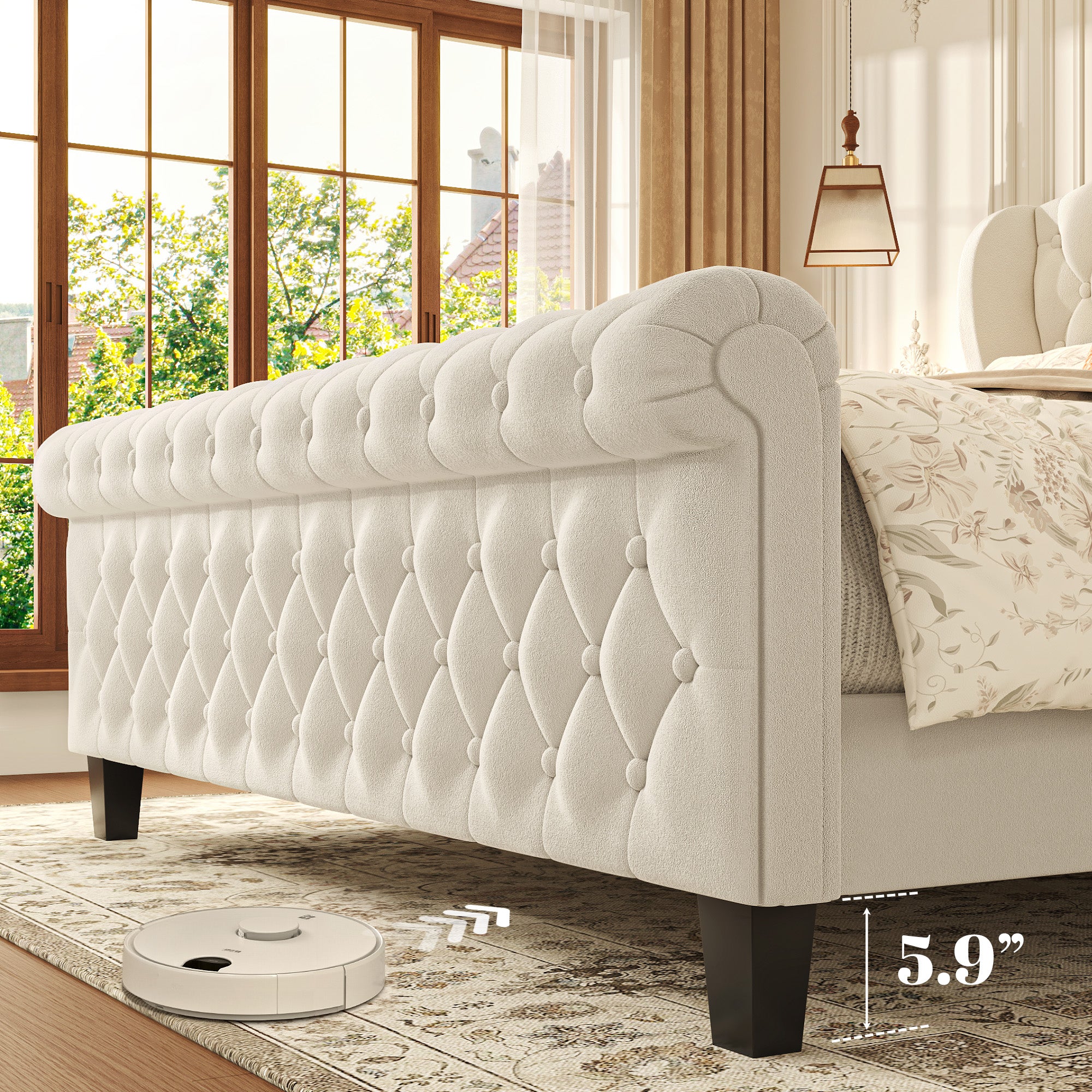 HISOFT Queen Size Platform Bed Frame, Velvet Upholstered Sleigh Bed with Wingback Tufted Headboard and Footboard, Quiet & Stable Support, No Box Spring Needed, Noise-Free Design, Easy Assembly, Beige