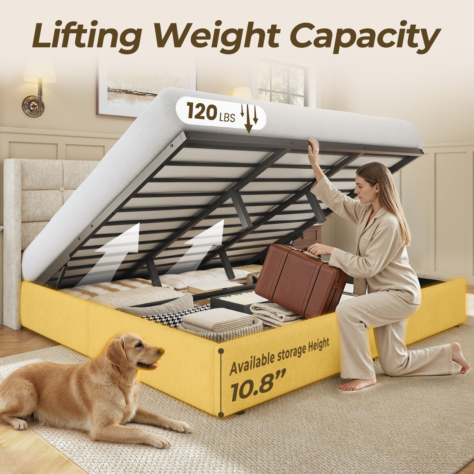 HISOFT Lift Up Storage Bed Frame, Linen Upholstered Platform Bed with Wingback Headboard, Heavy Duty Hydraulic Gas Lift Underbed Space, Reinforced Full Metal Slats, Noise Free