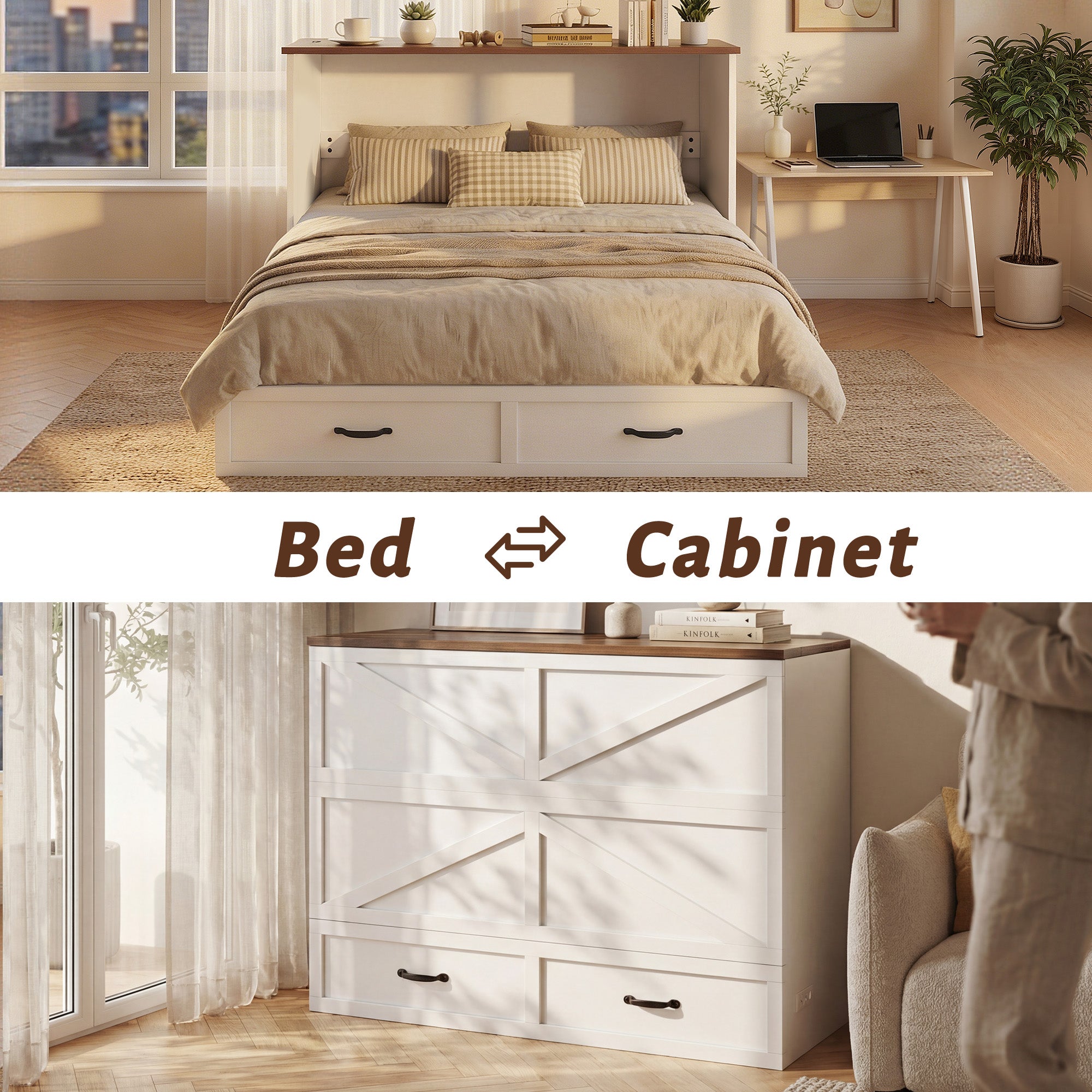 HISOFT Queen Murphy Bed Frame with Charging Station, Freestanding Cabinet Murphy Bed with Fold-Down Panel & Reinforced Support, Space-Saving Design for Renters and Small Living Spaces