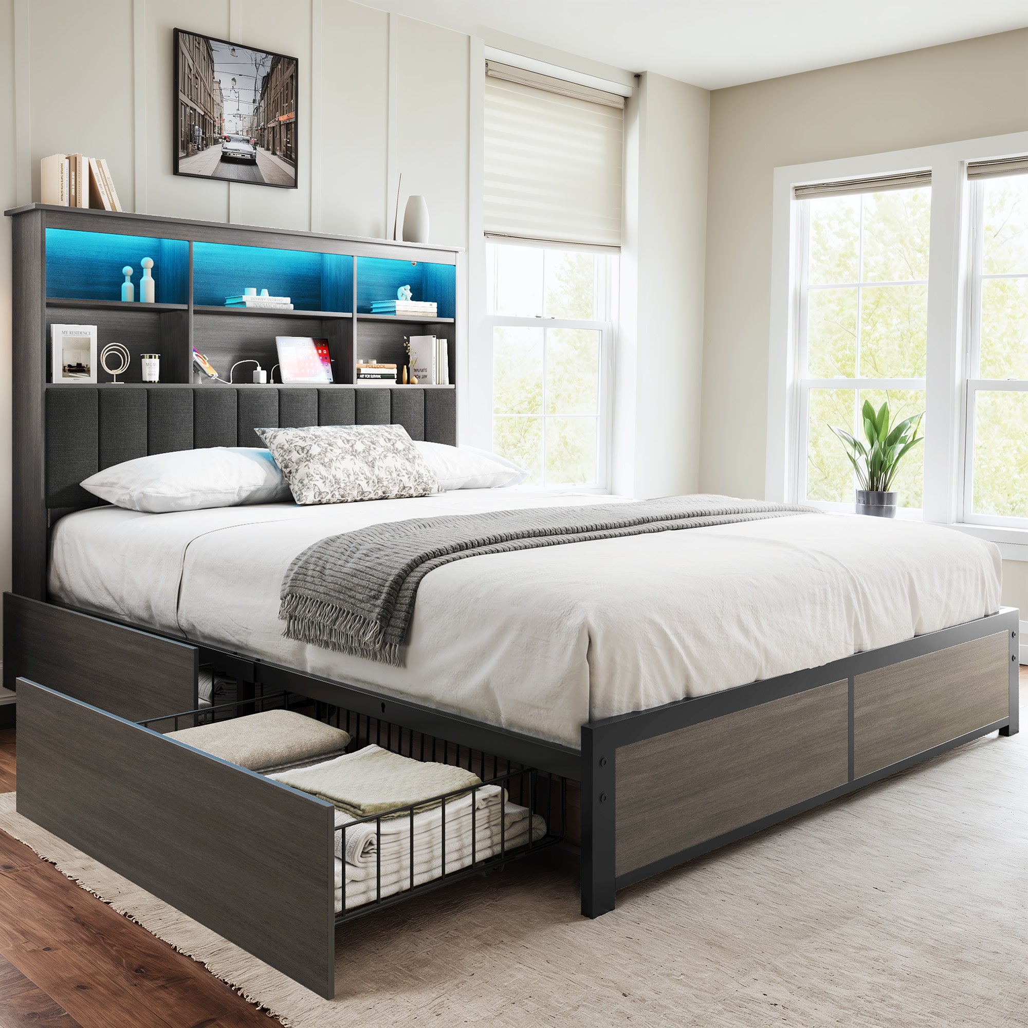 HISOFT Queen Bed Frame with Storage Headboard, Wood Bed with High Storage Bookcase, 4 Drawers & LED & Charging Station,No Box Spring Needed/Noise Free/All-Metal Support, Rustic Grey