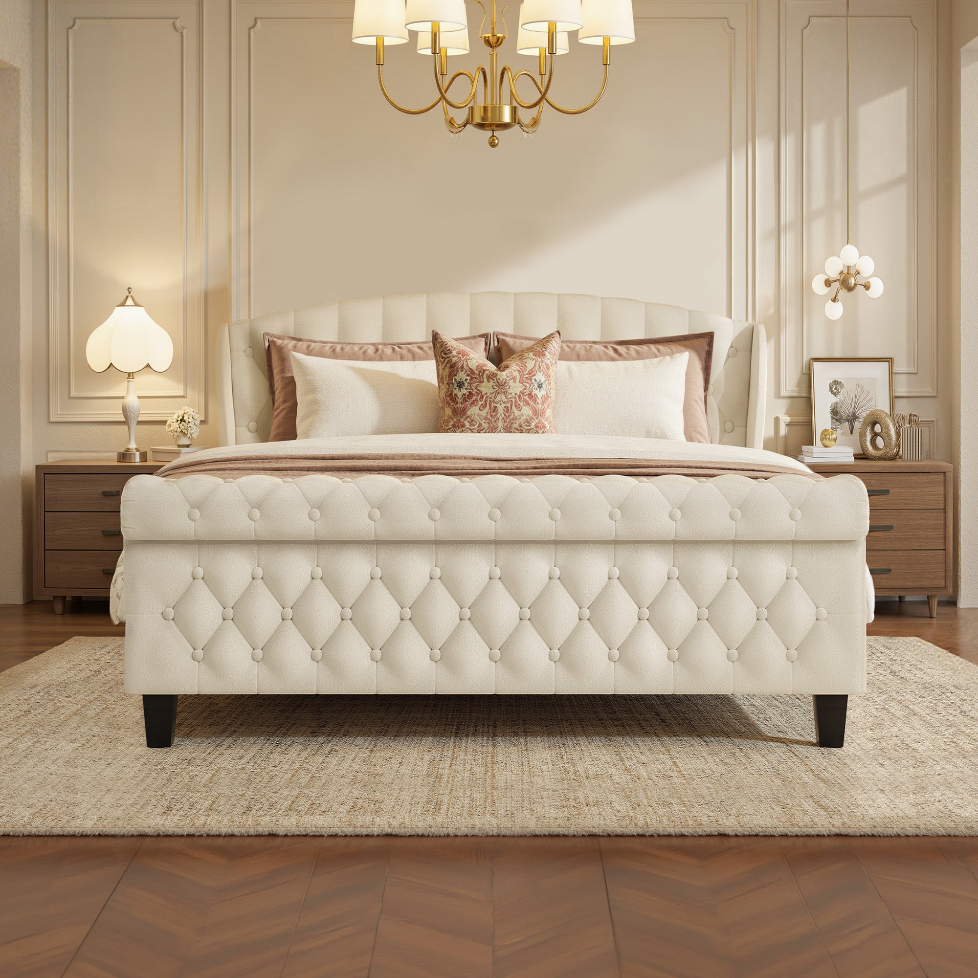 HISOFT Queen Size Platform Bed Frame, Velvet Upholstered Sleigh Bed with Wingback Tufted Headboard and Footboard, Quiet & Stable Support, No Box Spring Needed, Noise-Free Design, Easy Assembly, Beige