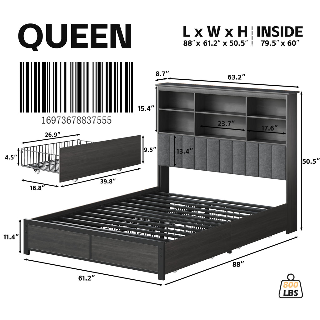 HISOFT Queen Bed Frame with Storage Headboard, Wood Bed with High Storage Bookcase, 4 Drawers & LED & Charging Station,No Box Spring Needed/Noise Free/All-Metal Support, Rustic Grey