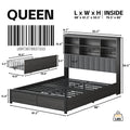 HISOFT Queen Bed Frame with Storage Headboard, Wood Bed with High Storage Bookcase, 4 Drawers & LED & Charging Station,No Box Spring Needed/Noise Free/All-Metal Support, Rustic Grey