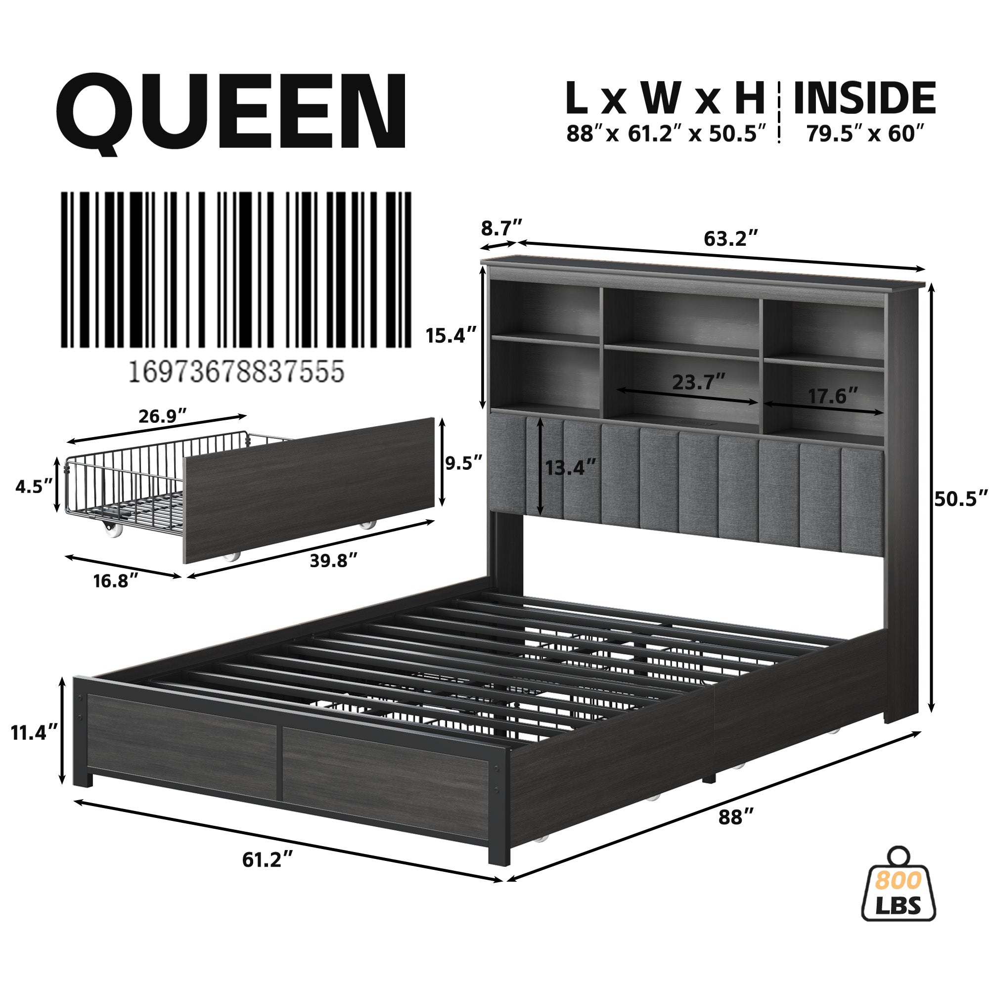 HISOFT Queen Bed Frame with Storage Headboard, Wood Bed with High Storage Bookcase, 4 Drawers & LED & Charging Station,No Box Spring Needed/Noise Free/All-Metal Support, Rustic Grey