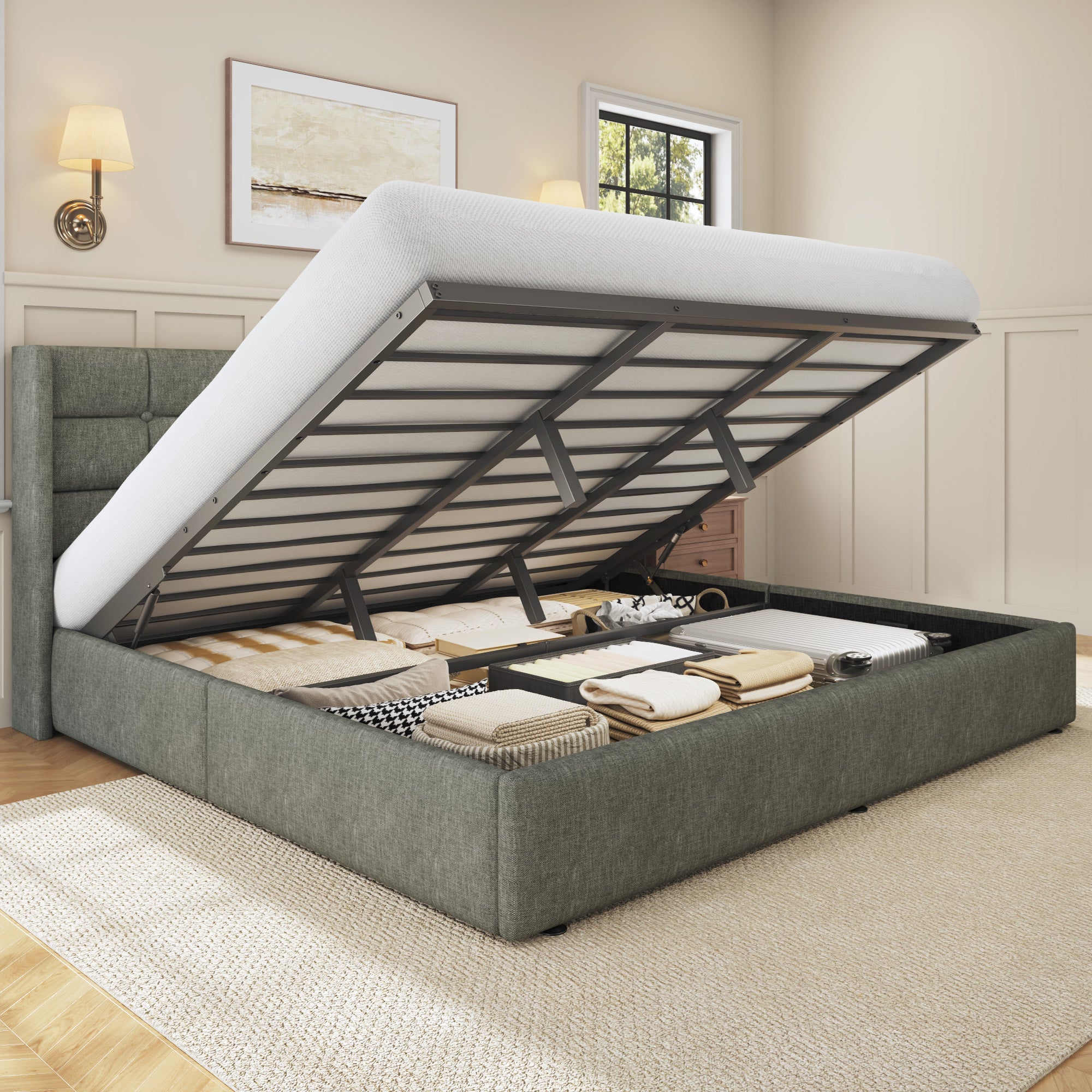 HISOFT Lift Up Storage Bed Frame, Linen Upholstered Platform Bed with Wingback Headboard, Heavy Duty Hydraulic Gas Lift Underbed Space, Reinforced Full Metal Slats, Noise Free