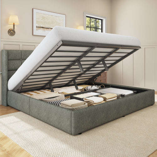 HISOFT Lift Up Storage Bed Frame, Linen Upholstered Platform Bed with Wingback Headboard, Heavy Duty Hydraulic Gas Lift Underbed Space, Reinforced Full Metal Slats, Noise Free